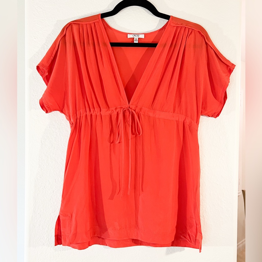 Cache Bright Coral Red V-Neck Tie-Front Blouse